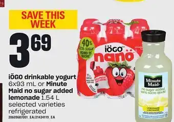 Loblaws Iögo drinkable yogurt, 6x93 ml or minute maid no sugar added lemonade 1.54 l offer