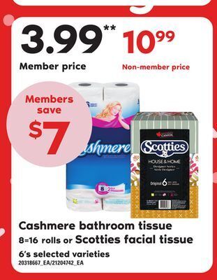 Loblaws Cashmere bathroom tissue 8=16 rolls or scotties facial tissue 6's offer