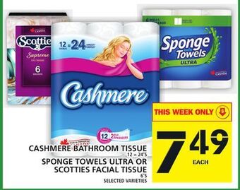 Food Basics Cashmere bathroom tissue or sponge towels ultra or scotties facial tissue offer
