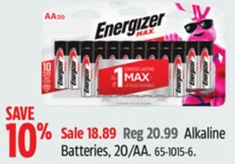 Canadian Tire Energizer max alkaline batteries, 20/aa offer