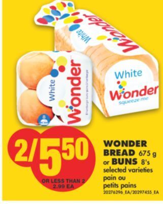 No Frills Wonder bread, 675 g or buns, 8's offer
