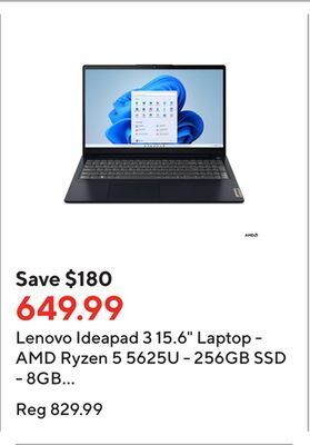 Staples Lenovo ideapad 3 15.6" laptop - amd ryzen 5 5625u - 256gb ssd - 8gb ram - windows 11 home offer