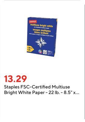 Staples Staples fsc-certified multiuse bright white paper - 22 lb. - 8.5" x 11" - white - 500 sheets offer