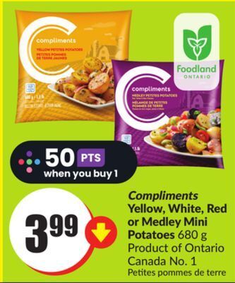Chalo FreshCo Compliments yellow, white, red or medley mini potatoes 680 g product of ontario canada no. 1 offer