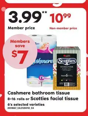 Zehrs Markets Cashmere bathroom tissue, 8=168=16 rolls or scotties facial tissue, 6's offer