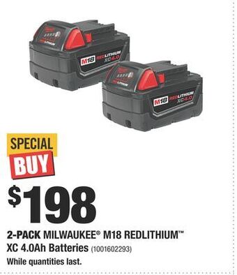 Home Depot 2-pack milwaukee® m18 redlithium™ xc 4.0ah batteries offer