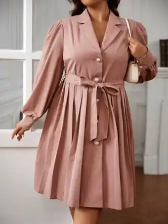 SheIn Plus puff sleeve pleated hem belted trench coat offer