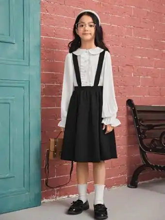 SheIn Shein girls ruffle trim flounce sleeve blouse & pinafore skirt set offer