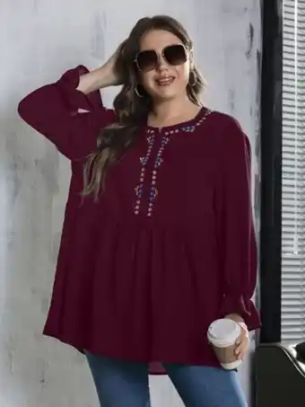 SheIn Plus notch neck embroidery flounce sleeve smock blouse offer