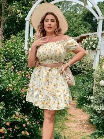 SheIn Plus floral print shirred off shoulder crop top & ruffle hem skirt offer