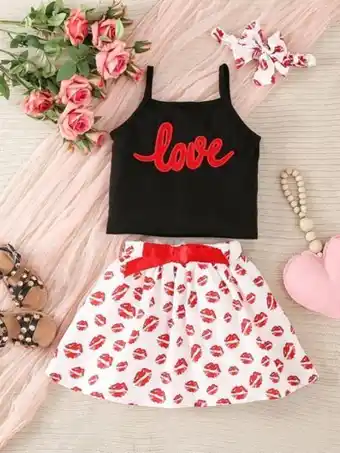SheIn Toddler girls letter graphic cami top & bow front skirt & accessory headband offer