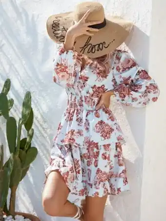SheIn Floral print shirred waist lantern sleeve ruffle hem dress offer