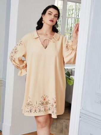 SheIn Shein plus floral print tie neck flounce sleeve tunic dress offer