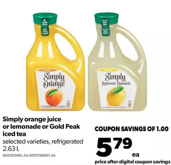 Real Canadian Superstore Simply orange juice or lemonade or gold peak iced tea offer