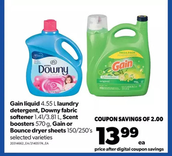 Real Canadian Superstore Gain liquid laundry detergent, downy fabric softener, scent boosters, gain or bounce dryer sheets offer