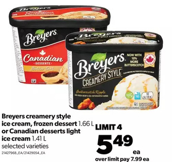 Real Canadian Superstore Breyers creamery style ice cream, frozen dessert or canadian desserts light ice cream offer