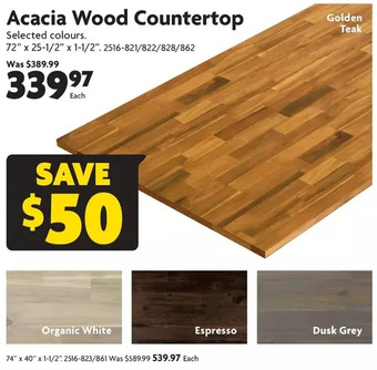 Home Hardware Acacia wood countertop: 72" x 25-1/2" x 1-1/2" | 74" x 40" x 1-1/2" offer