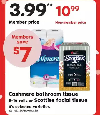 Loblaws Cashmere bathroom tissue or scotties facial tissue offer