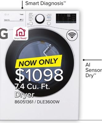 Leon's Lg white smart wi-fi enabled front load electric dryer with built-in ai (7.4 cu. ft.) - dle3600w offer