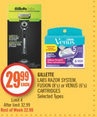 Shoppers Drug Mart Gillette labs razor system, fusion (8's) or venus (6's) cartridges offer