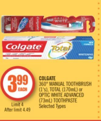 Shoppers Drug Mart Colgate 360° manual toothbrush (1's), total (170ml) or optic white advanced (73ml) toothpaste offer