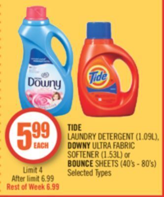 Shoppers Drug Mart Tide laundry detergent (1.09l), downy ultra fabric softener (1.53l) or bounce sheets (40's - 80's) offer