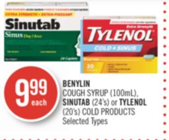 Shoppers Drug Mart Benylin cough syrup (100ml), sinutab (24's) or tylenol (20's) cold products offer