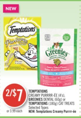 Shoppers Drug Mart Temptations creamy purrrr-ée (4's), greenies dental (60g) or temptations (180g) cat treats offer