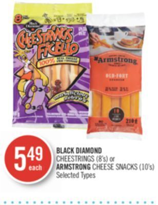 Shoppers Drug Mart Black diamond cheestrings (8's) or armstrong cheese snacks (10's) offer