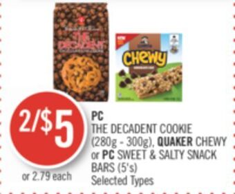 Shoppers Drug Mart Pc the decadent cookie (280g - 300g), quaker chewy or pc sweet & salty snack bars (5's) offer