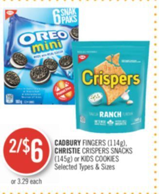 Shoppers Drug Mart Cadbury fingers (114g), christie crispers snacks (145g) or kids cookies offer