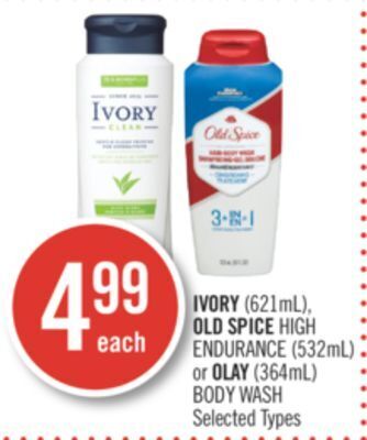 Shoppers Drug Mart Ivory (621ml), old spice high endurance (532ml) or olay (364ml) body wash offer