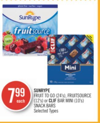 Shoppers Drug Mart Sunrype fruit to go (24's), fruitsource (12's) or clif bar mini (10's) snack bars offer