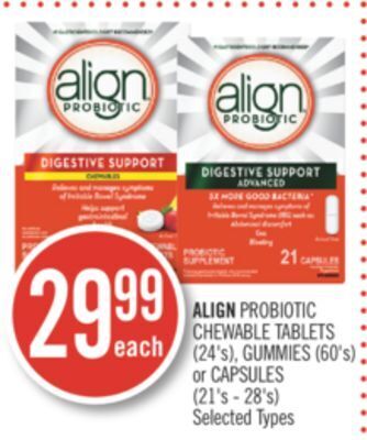 Shoppers Drug Mart Align probiotic chewable tablets (24's), gummies (60's) or capsules (21's - 28's) offer