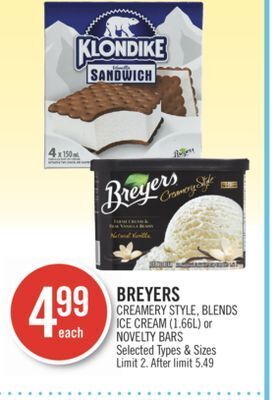 Shoppers Drug Mart Breyers creamery style, blends ice cream (1.66l) or novelty bars offer