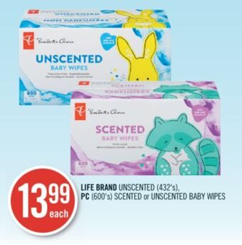 Shoppers Drug Mart Life brand unscented (432's), pc (600's) scented or unscented baby wipes offer