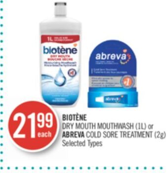 Shoppers Drug Mart Biotène dry mouth mouthwash (1l) or abreva cold sore treatment (2g) offer