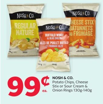Rexall Nosh & co. potato chips, cheese stix or sour cream & onion rings 130g-140g offer