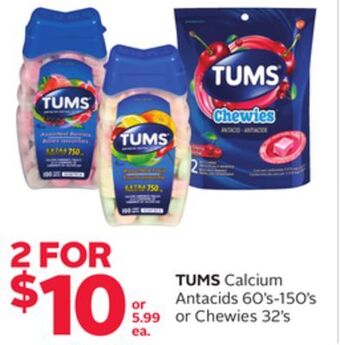 Rexall Tums calcium antacids 60's-150's or chewies 32's offer