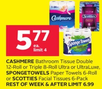 Rexall Cashmere bathroom tissue double 12-roll or triple 8-roll ultra or ultraluxe, spongetowels paper towels 6-roll or scotties fac offer