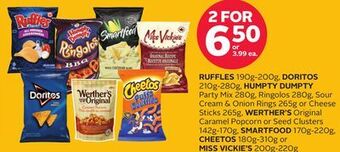 Rexall Ruffles 190g-200g, doritos 210g-280g, humpty dumpty party mix 280g, ringolos 280g, sour cream & onion rings 265g or cheese st offer