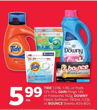 Rexall Tide or pods, gain flings or fireworks, downy fabric softener or bounce sheets offer