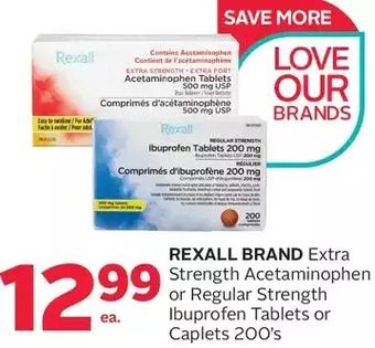Rexall Rexall brand extra strength acetaminophen or regular strength ibuprofen tablets or caplets offer
