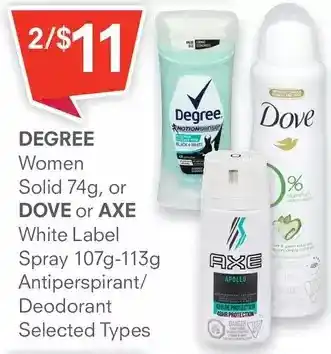 Guardian Pharmacy Degree women solid or dove or axe white label spray antiperspirant/deodorant offer