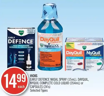 Shoppers Drug Mart Vicks early defence nasal spray, dayquil, nyquil complete cold liquid or capsules offer