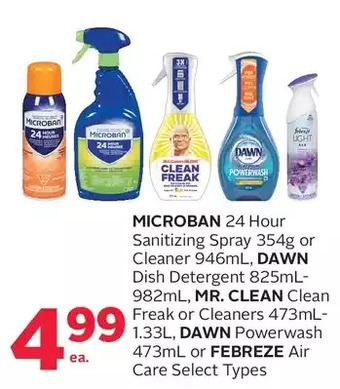 Rexall Microban 24 hour sanitizing spray or cleaner, dawn dish detergent, mr. clean clean freak or cleaners, dawn powerwash or febre offer