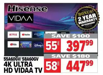 2001 Audio Video Hisense vidaa 4k ultra hd tv 55" | 58" offer