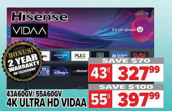2001 Audio Video Hisense 4k ultra hd vidaa 43" | 55" offer