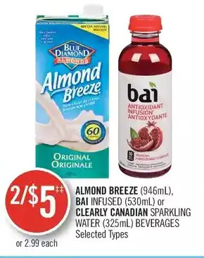 Shoppers Drug Mart Almond breeze, bai infused or clearly canadian sparkling water beverages offer