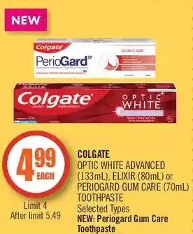 Shoppers Drug Mart Colgate optic white advanced, elixir or periogard gum care toothpaste offer